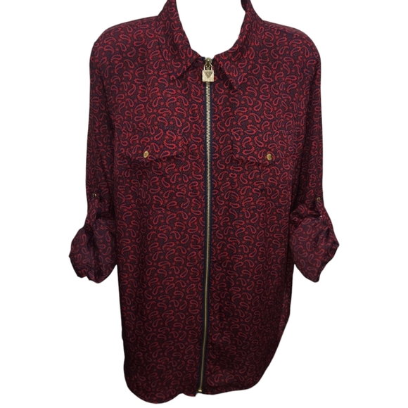 MICHAEL Michael Kors Paisley Printed Utility Locket Zip Roll Up Long Sleeve Top - Picture 2 of 8